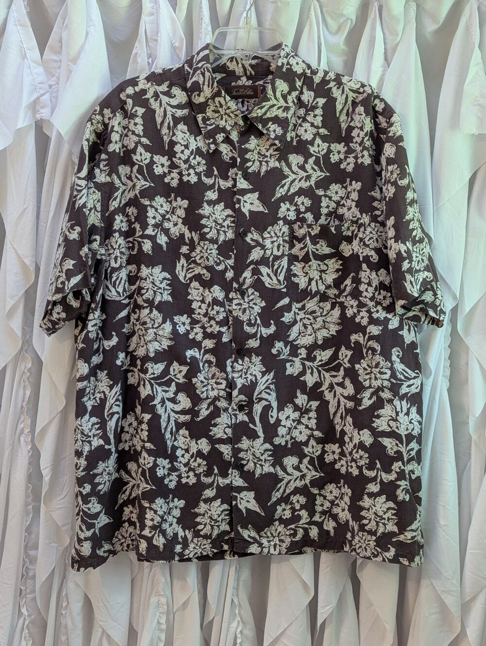 Tasso Elba Men's XL Brown with Tan Pattern 70% Silk 30% Linen Short Sleeve